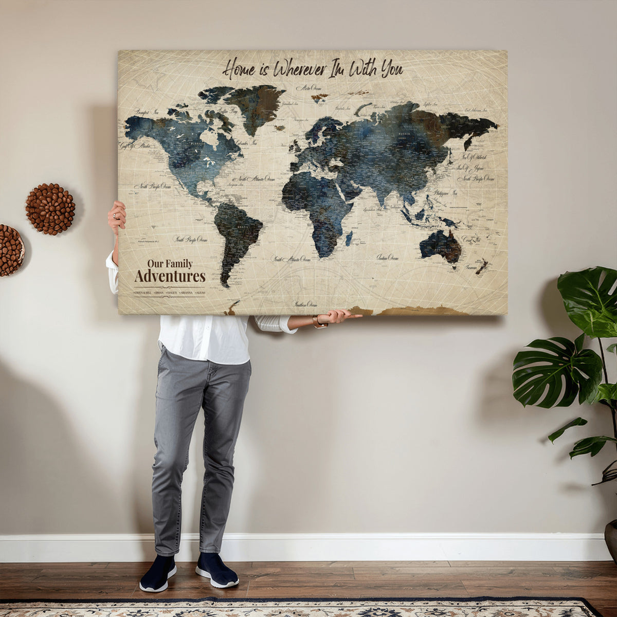 51383535-MGV-CV-36X24 - Personalized Framed Black Modern Push Pin Travel Map Canvas Print, Family Travel Tracker, Home Office and Entryway Decor