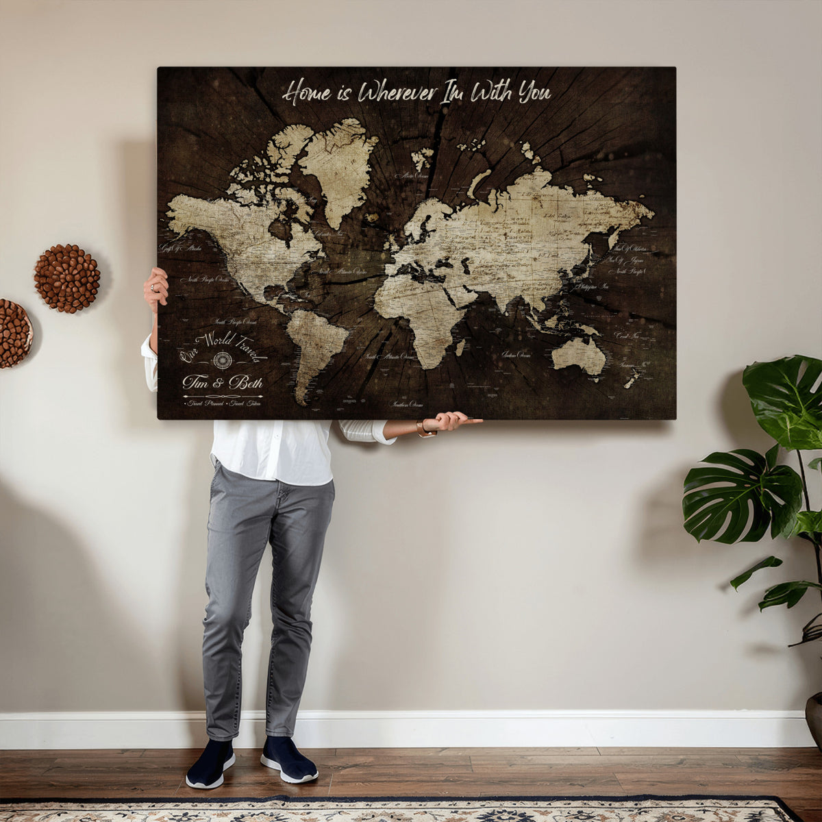 46573259-MGV-CV-36X24 - Personalized Watercolor Push Pin World Map Canvas Wall Art, Custom Framed Travel Map - NEWMAP-094