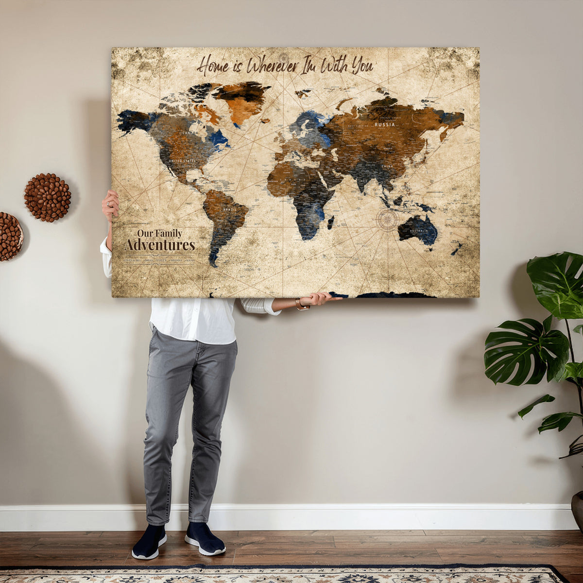17548029-MGV-CV-36X24 - Personalized Framed Beige Modern Push Pin World Map Canvas Print, Bucket List Map, Home Office and Study Decor