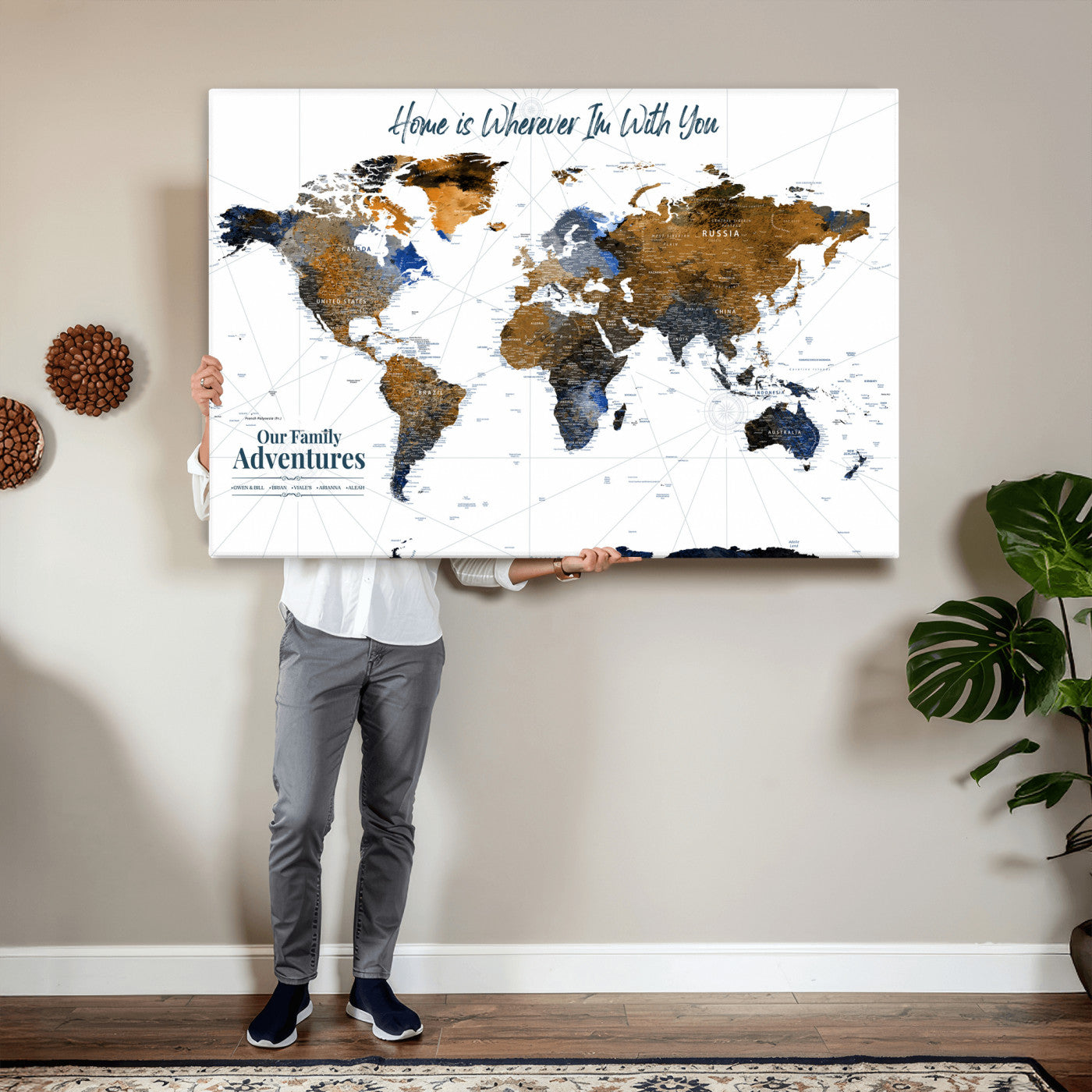 75259864-MGV-CV-36X24 - Custom Push Pin World Map Wall Art Canvas Print – Personalized Travel Tracker with Pins Framed Large for Home and Office Decor