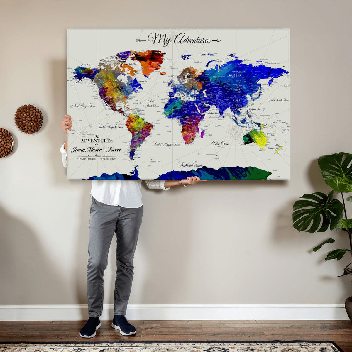 45423989-MGV-CV-36X24 - Detailed Custom Framed Beige Modern World Map Canvas with Push Pins, Honeymoon and Anniversary Gift, Dining Room and Home Office Decor