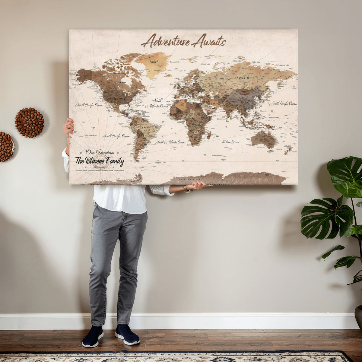 64110351-MGV-CV-36X24 - Personalized Framed White Modern Push Pin Travel Map Canvas Print, Bucket List Map, Dining Room and Study Decor
