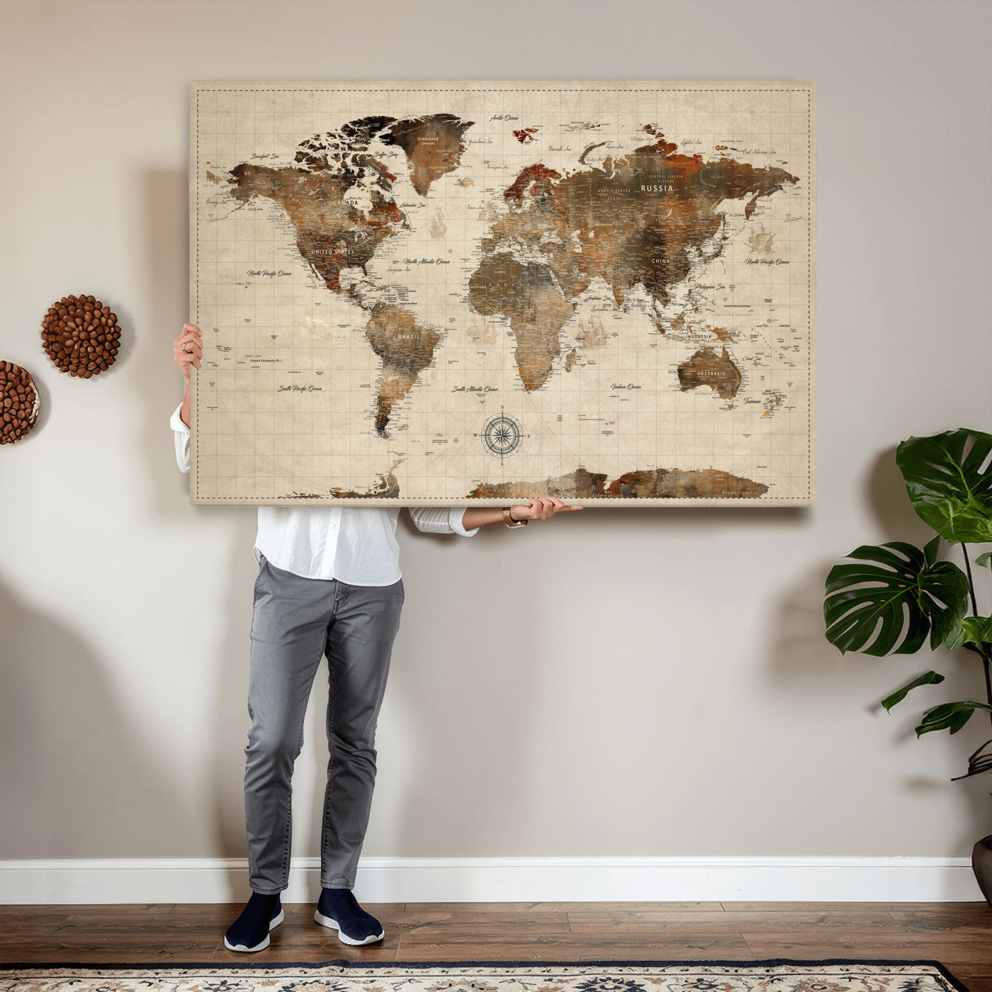 23610090-MGV-CV-36X24 - World Map Wall Art Canvas Print, Modern Decorative Framed Map Artwork Prints for Living Room, Office, Bedroom Wall Decor