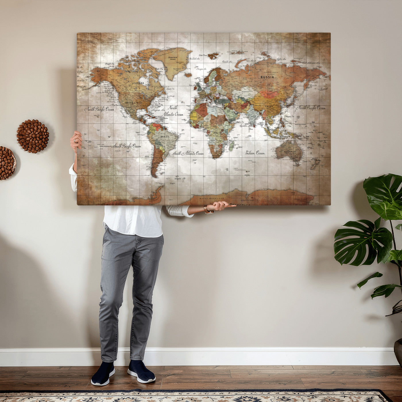 51643807-MGV-CV-36X24 - World Map Wall Art Canvas Print, Modern Decorative Framed Map Artwork Prints for Living Room, Office, Bedroom Wall Decor