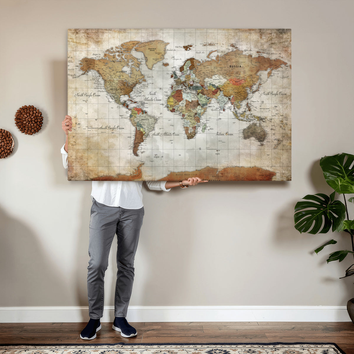 19855445-MGV-CV-36X24 - Custom Framed Modern Push Pin World Map Wall Art, Places Visited Tracker, Home Office and Entryway Decor