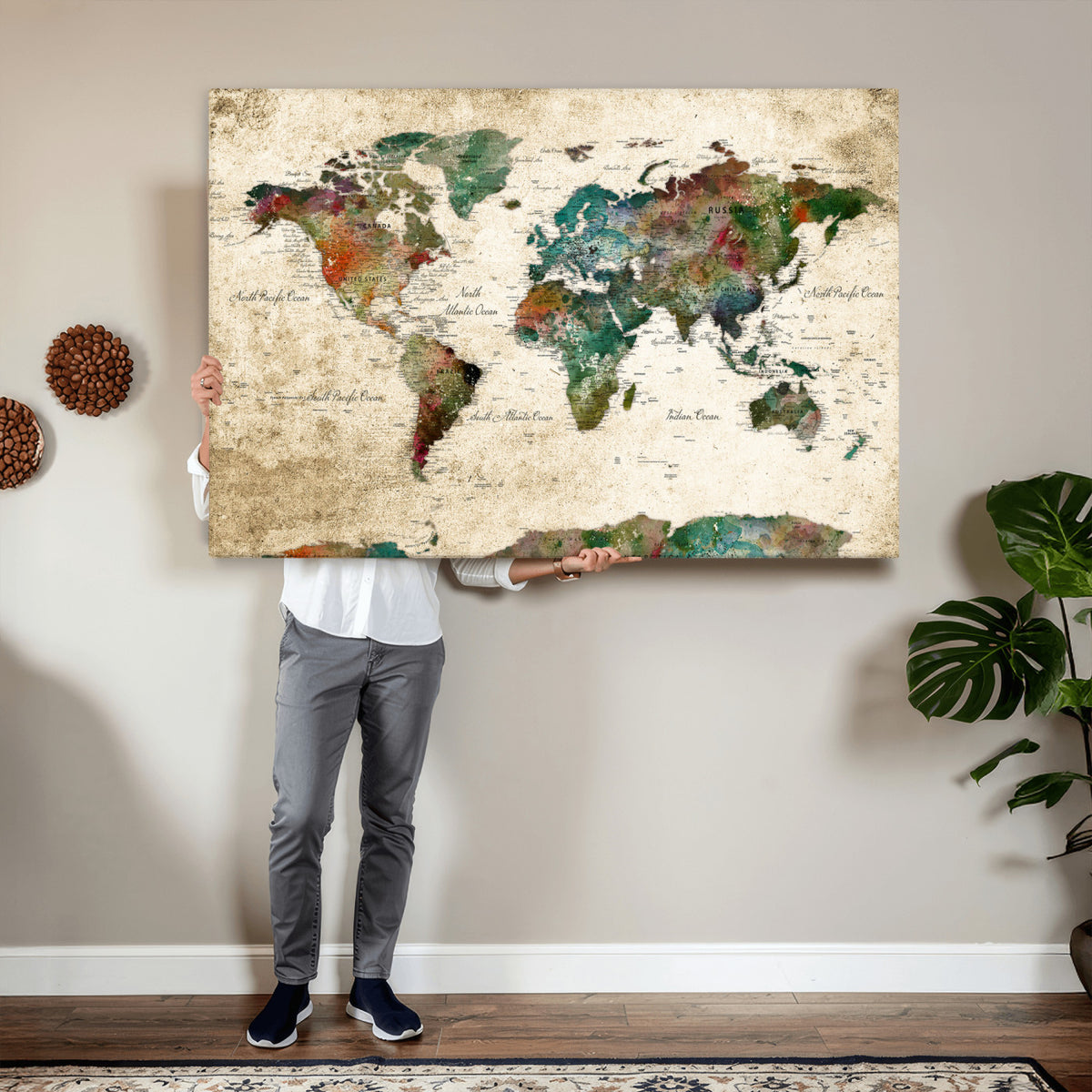 87544591-MGV-CV-36X24 - World Map Wall Art Canvas Print, Modern Decorative Framed Map Artwork Prints for Living Room, Office, Bedroom Wall Decor