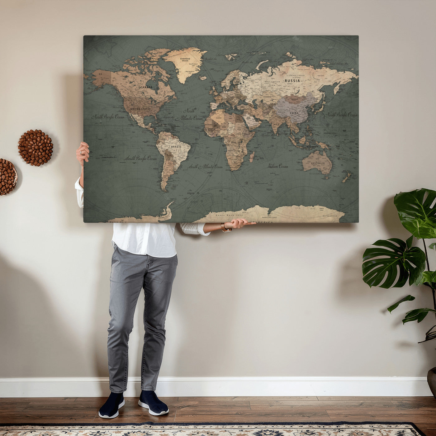 84619399-MGV-CV-36X24 - World Map Wall Art Canvas Print, Modern Decorative Framed Map Artwork Prints for Living Room, Office, Bedroom Wall Decor