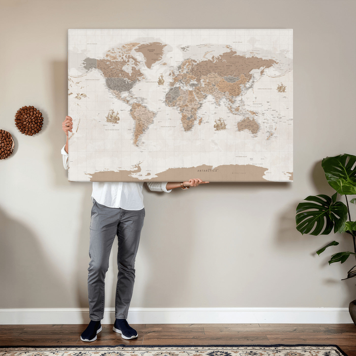 85057279-MGV-CV-36X24 - World Map Wall Art Canvas Print, Modern Decorative Framed Map Artwork Prints for Living Room, Office, Bedroom Wall Decor