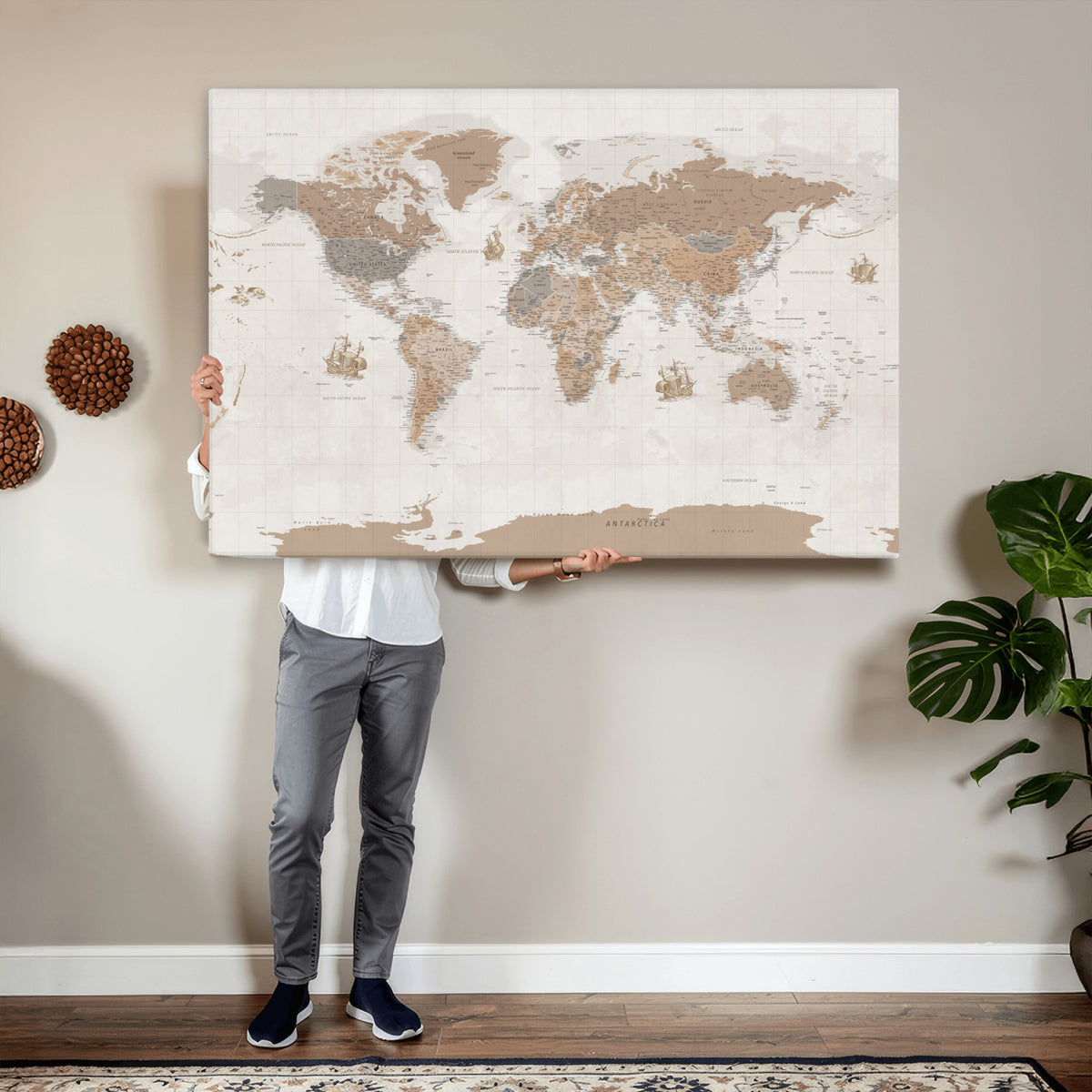 85057279-MGV-CV-36X24 - Framed Large World Map Canvas Print for Office Decor