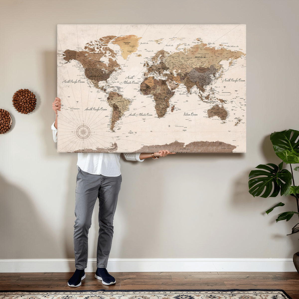 69860078-MGV-CV-36X24 - World Map Wall Art Canvas Print, Modern Decorative Framed Map Artwork Prints for Living Room, Office, Bedroom Wall Decor