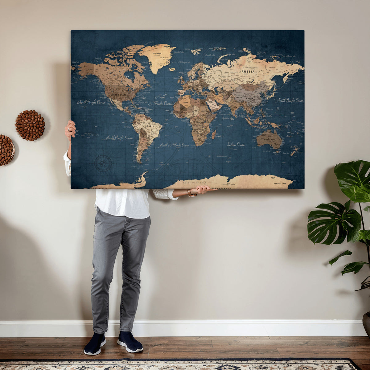 69886352-MGV-CV-36X24 - World Map Wall Art Canvas Print, Modern Decorative Framed Map Artwork Prints for Living Room, Office, Bedroom Wall Decor