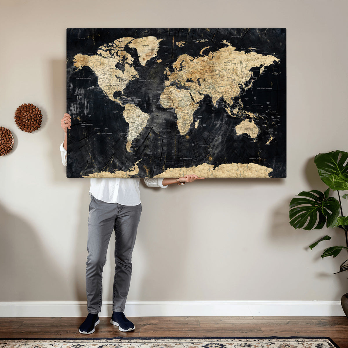 45535041-MGV-CV-36X24 - Framed Large World Map Wall Art Canvas Print for Living Room