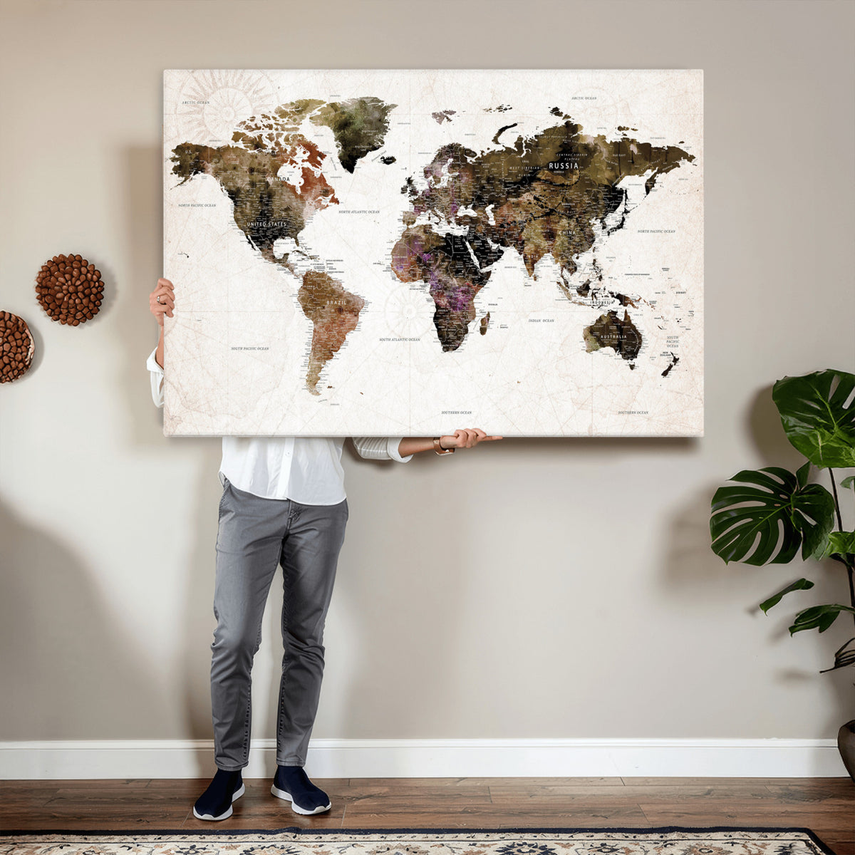 77651968-MGV-CV-36X24 - Watercolor World Map Print - Large Wall Art Canvas Print for