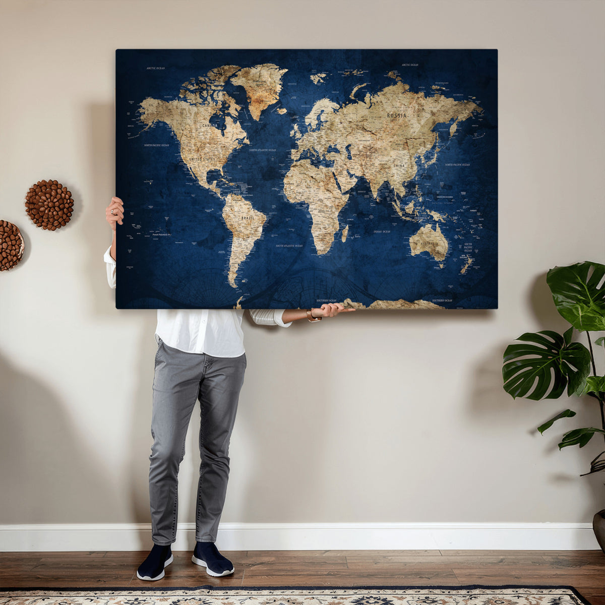 57503519-MGV-CV-36X24 - World Map Canvas Print – Framed Travel Map Wall Art for