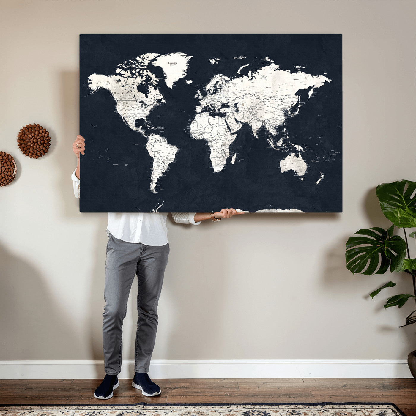 11963807-MGV-CV-36X24 - World Map Wall Art Canvas Print, Modern Decorative Framed Map Artwork Prints for Living Room, Office, Bedroom Wall Decor