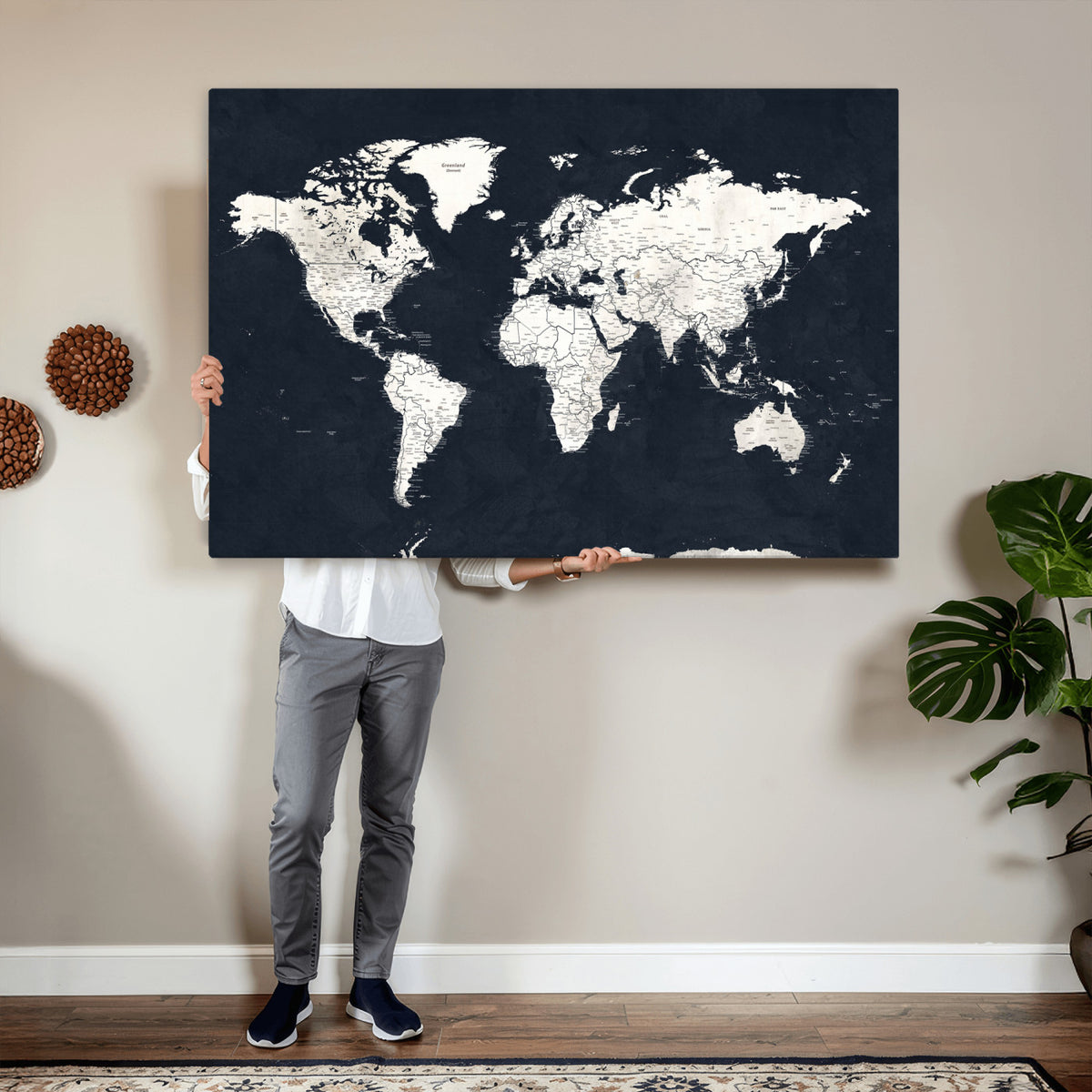 11963807-MGV-CV-36X24 - Black World Map Wall Art Canvas Print for Home Office and Meeting Room Decor