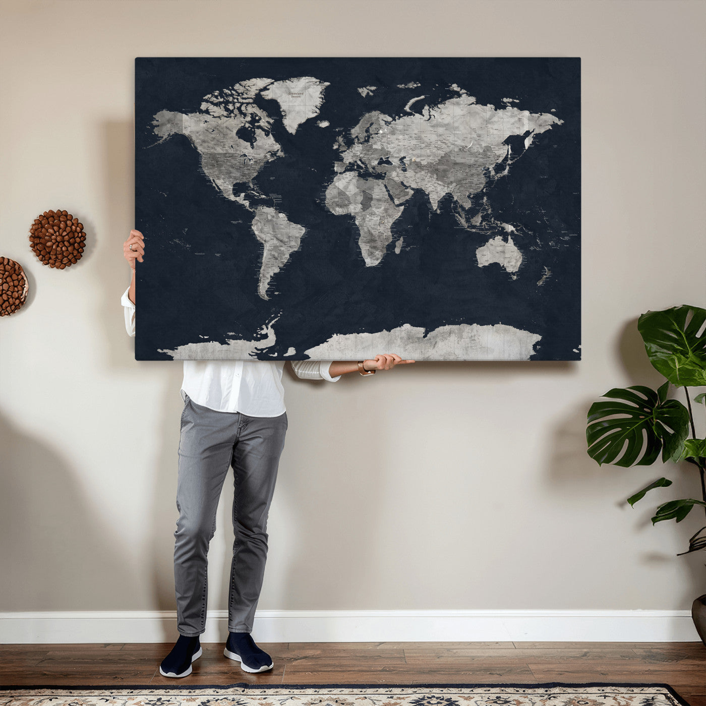 53886659-MGV-CV-36X24 - World Map Wall Art Canvas Print, Modern Decorative Framed Map Artwork Prints for Living Room, Office, Bedroom Wall Decor