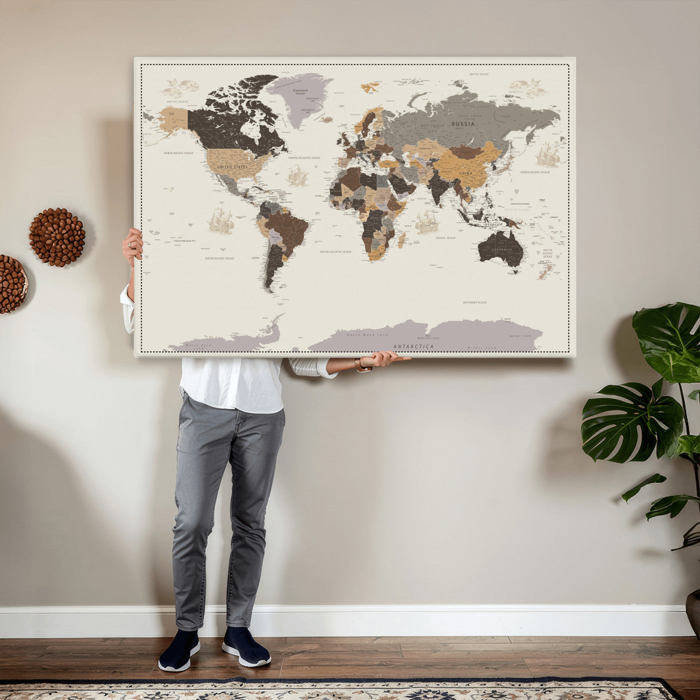 58777746-MGV-CV-36X24 - World Map Wall Art Canvas Print, Modern Decorative Framed Map Artwork Prints for Living Room, Office, Bedroom Wall Decor