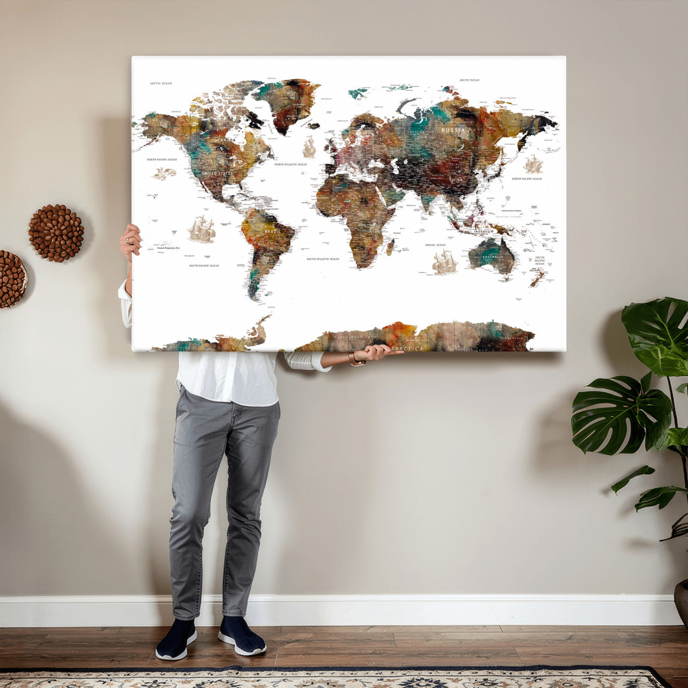 82293175-MGV-CV-36X24 - World Map Wall Art Canvas Print, Modern Decorative Framed Map Artwork Prints for Living Room, Office, Bedroom Wall Decor