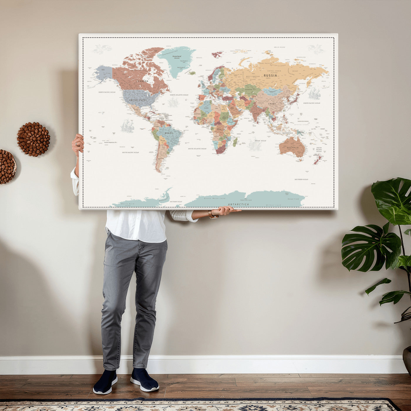 63447567-MGV-CV-36X24 - World Map Wall Art Canvas Print, Modern Decorative Framed Map Artwork Prints for Living Room, Office, Bedroom Wall Decor