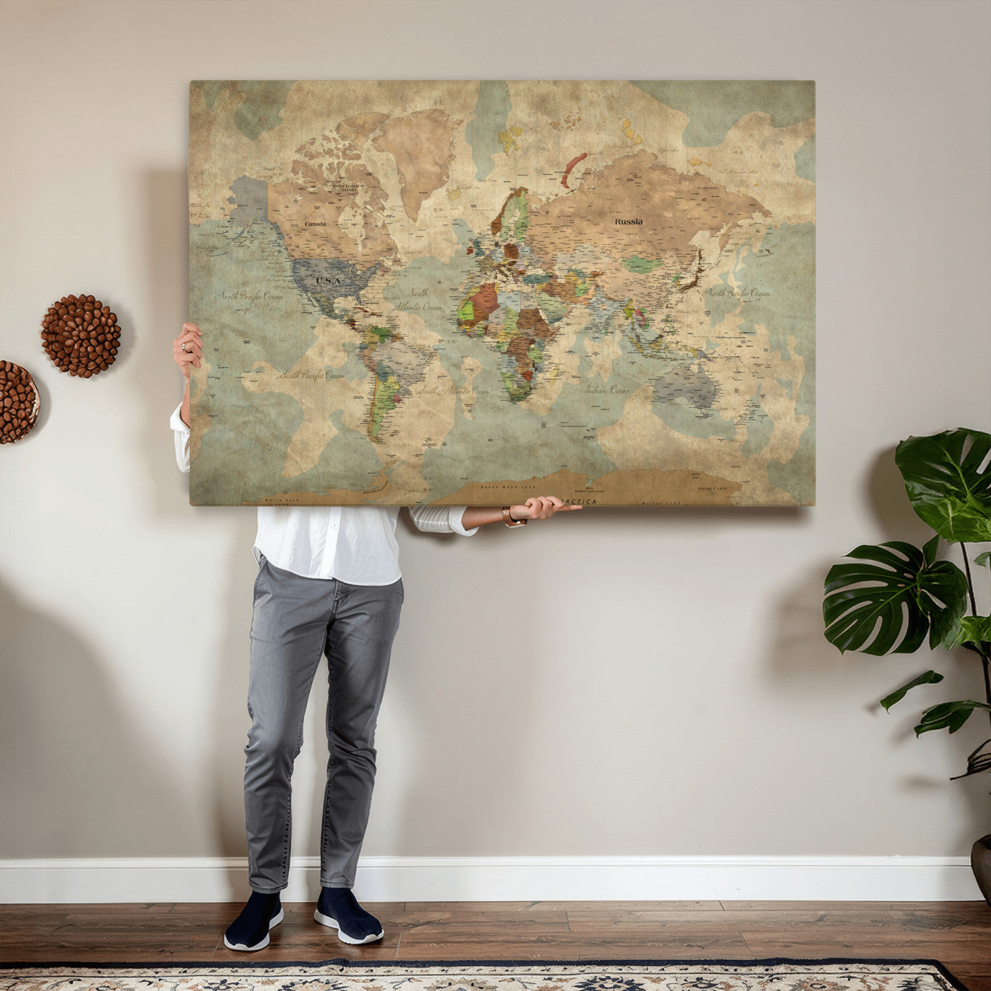 31492148-MGV-CV-36X24 - World Map Wall Art Canvas Print, Modern Decorative Framed Map Artwork Prints for Living Room, Office, Bedroom Wall Decor
