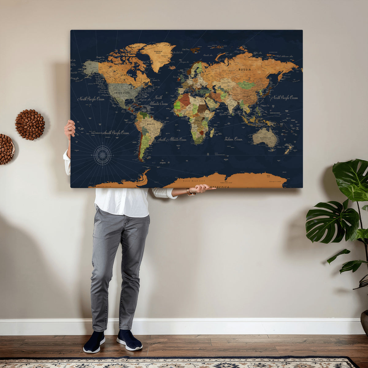 11715182-MGV-CV-36X24 - Modern World Map Canvas Print, Framed Detailed Map of the World Wall Art
