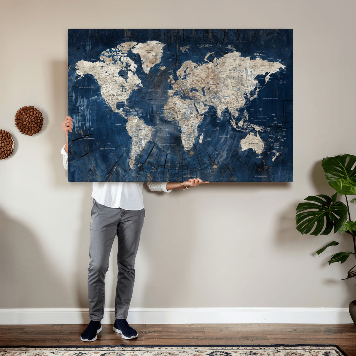 56126010-MGV-CV-36X24 - Large Blue World Map Wall Art Canvas Print for Home Office