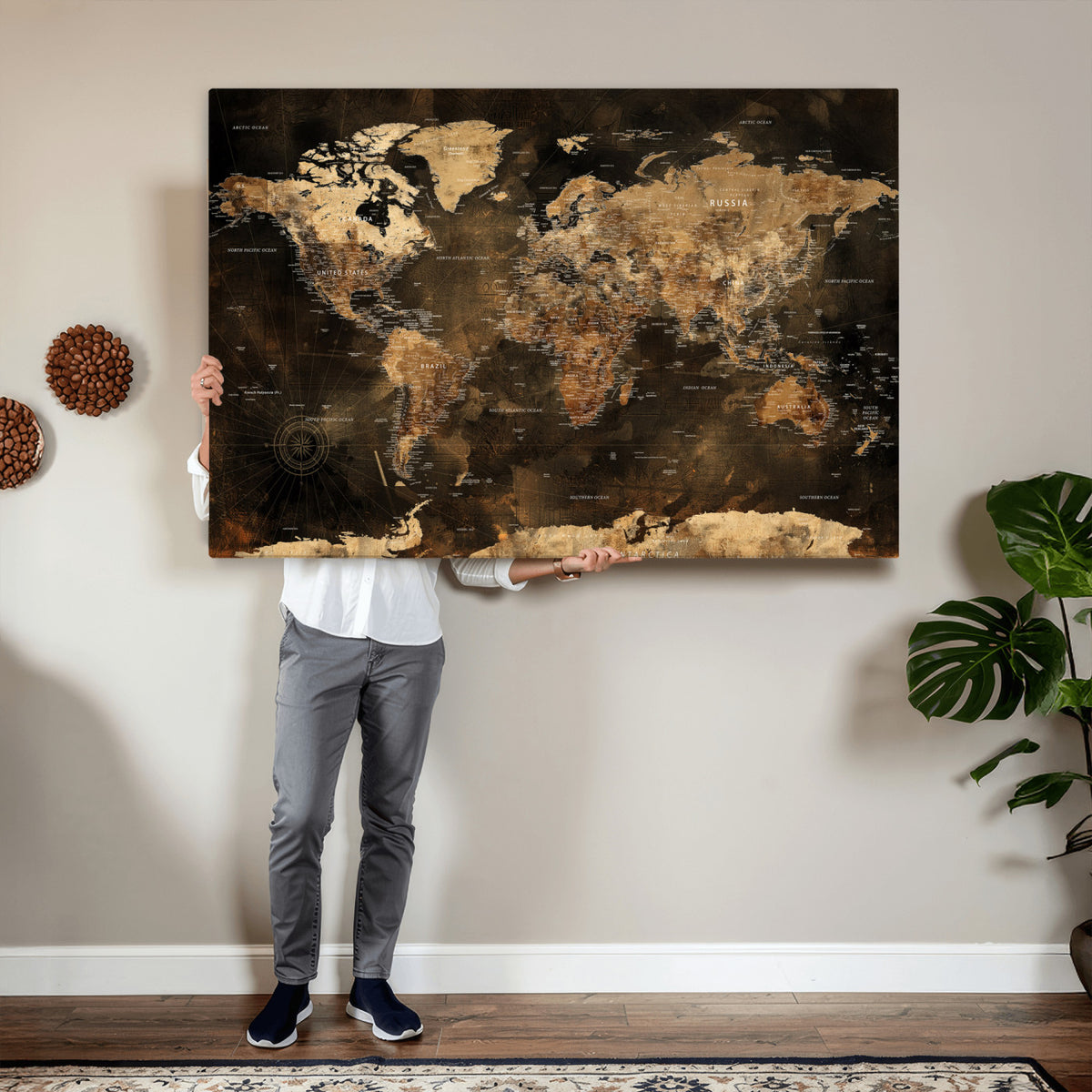 97742922-MGV-CV-36X24 - World Map Canvas Print, Modern Decorative Framed Map Artwork
