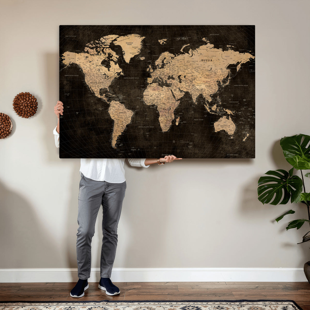 15118265-MGV-CV-36X24 - Brown World Map Canvas Print | Modern Travel Map Wall Art