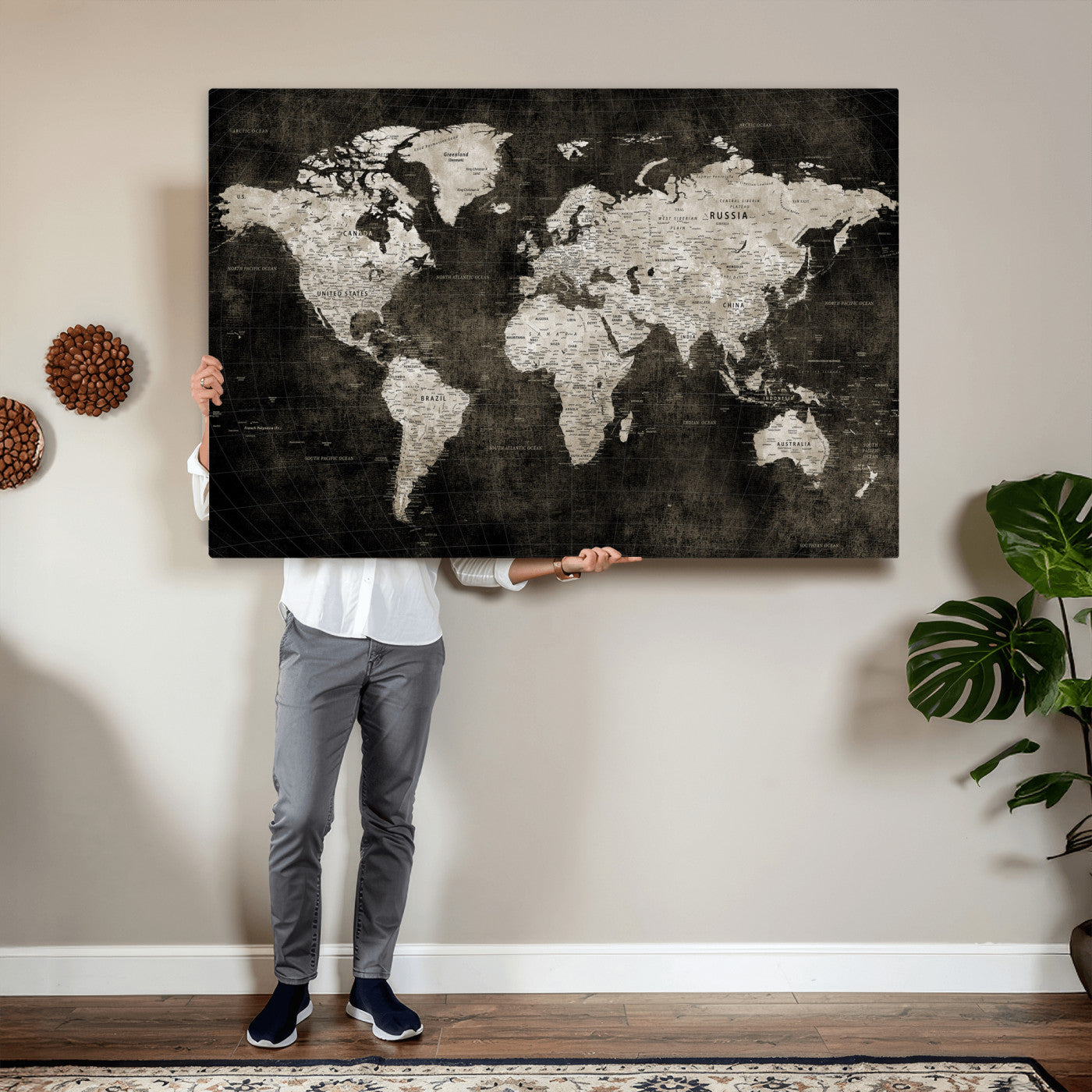94581666-MGV-CV-36X24 - World Map Wall Art Canvas Print, Modern Decorative Framed Map Artwork Prints for Living Room, Office, Bedroom Wall Decor