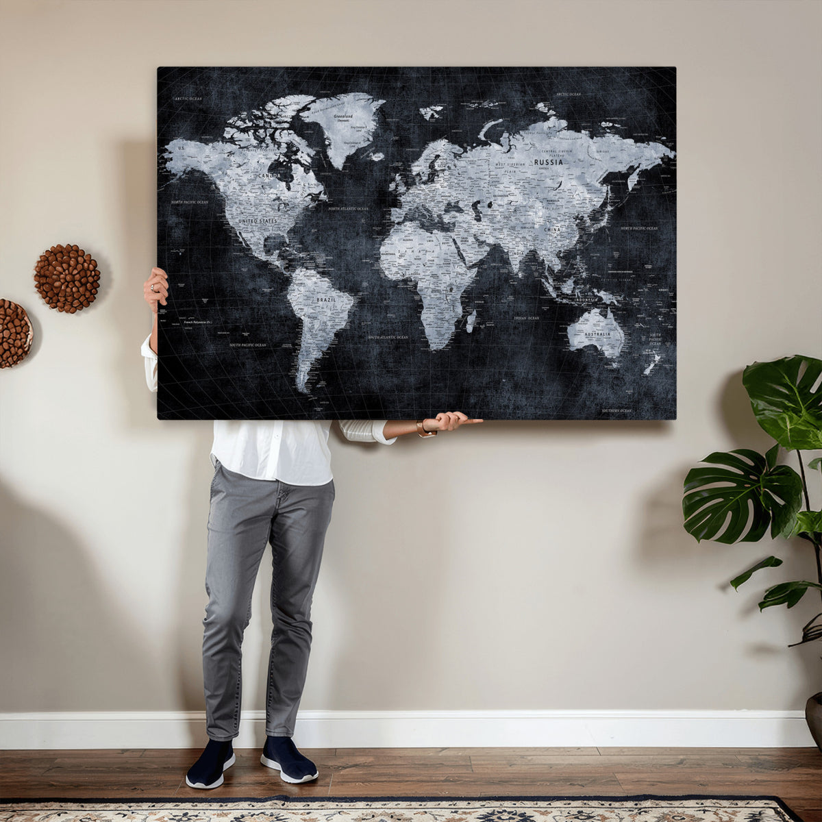 86893704-MGV-CV-36X24 - Black World Map Canvas Print | Detailed Map for Couples and Anniversary Gift