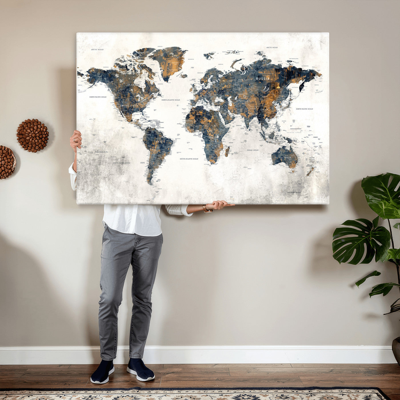 52451147-MGV-CV-36X24 - World Map Wall Art Canvas Print, Modern Decorative Framed Map Artwork Prints for Living Room, Office, Bedroom Wall Decor