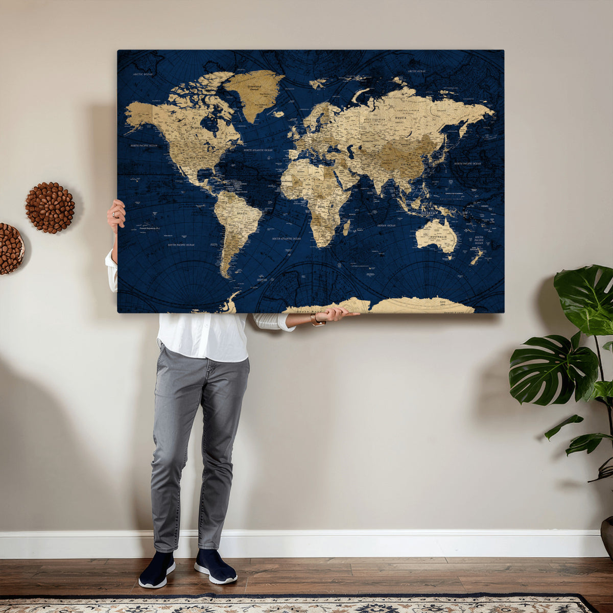 54770746-MGV-CV-36X24 - Navy Blue World Map Canvas Print – Detailed Map Minimal Navy