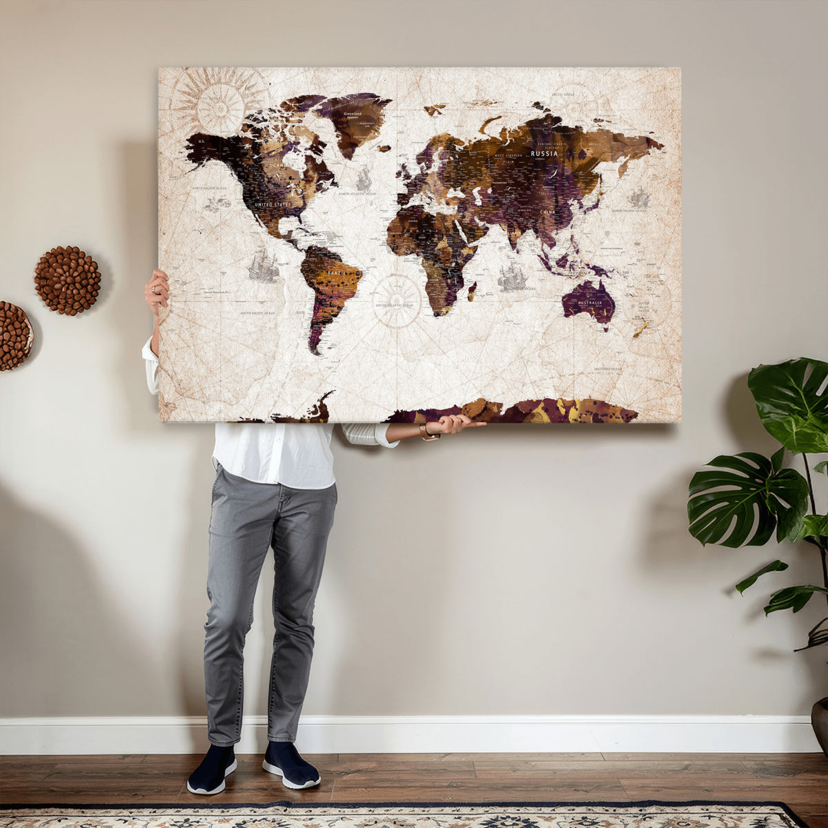 53400857-MGV-CV-36X24 - Blue Watercolor World Map Canvas Print – Framed Modern Wall