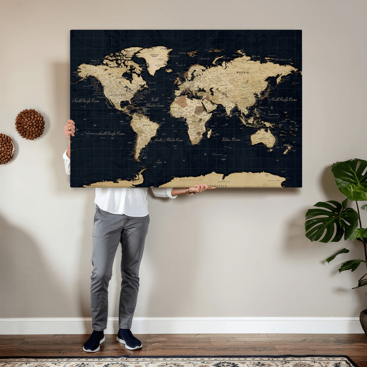 45063434-MGV-CV-36X24 - Dark World Map Canvas Wall Art Print, Minimal Black and Gold Map