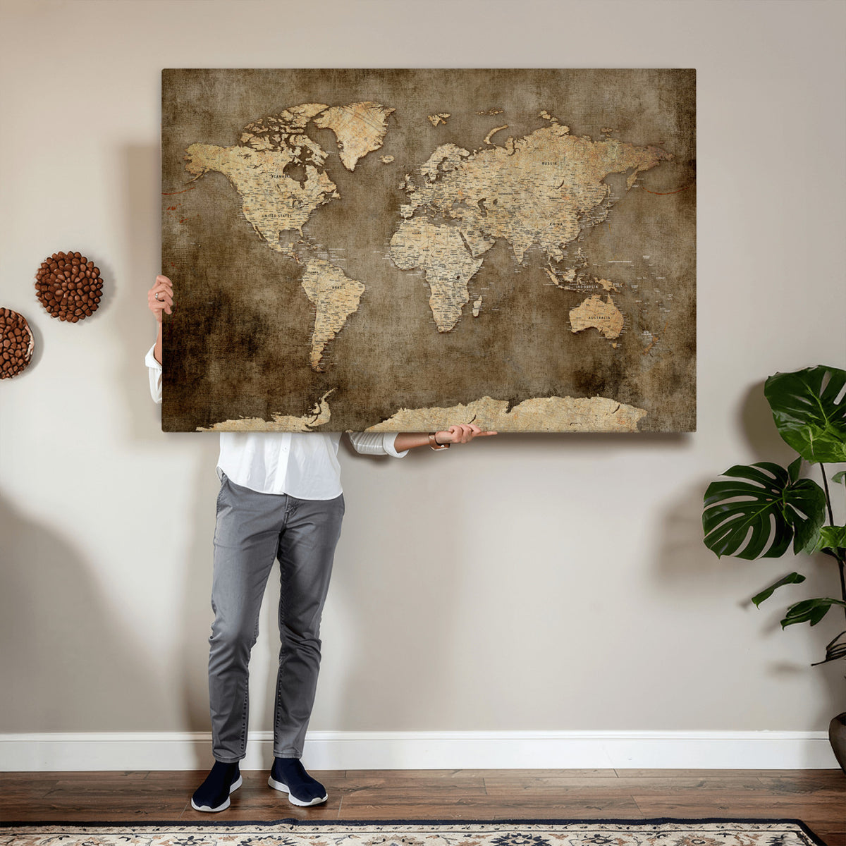 35847542-MGV-CV-36X24 - Dark Vintage World Map Canvas Wall Art Print, Antique Map