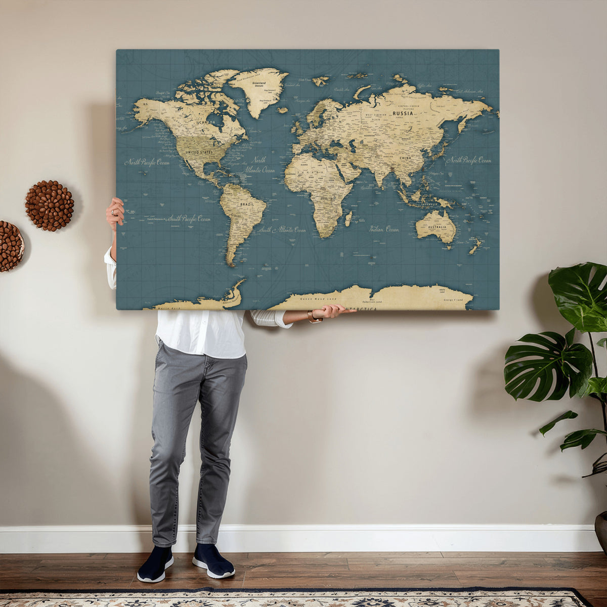 99599383-MGV-CV-36X24 - Minimal Vintage World Map Canvas Wall Art Print, Neutral
