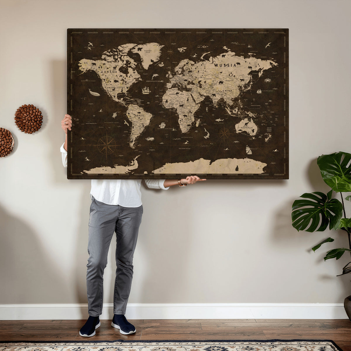 44276398-MGV-CV-36X24 - World Map Wall Art Canvas Print, Modern Decorative Framed Map Artwork Prints for Living Room, Office, Bedroom Wall Decor