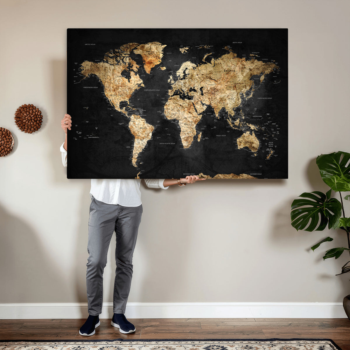 23568589-MGV-CV-36X24 - World Map Wall Art Canvas Print, Modern Decorative Framed Map Artwork Prints for Living Room, Office, Bedroom Wall Decor