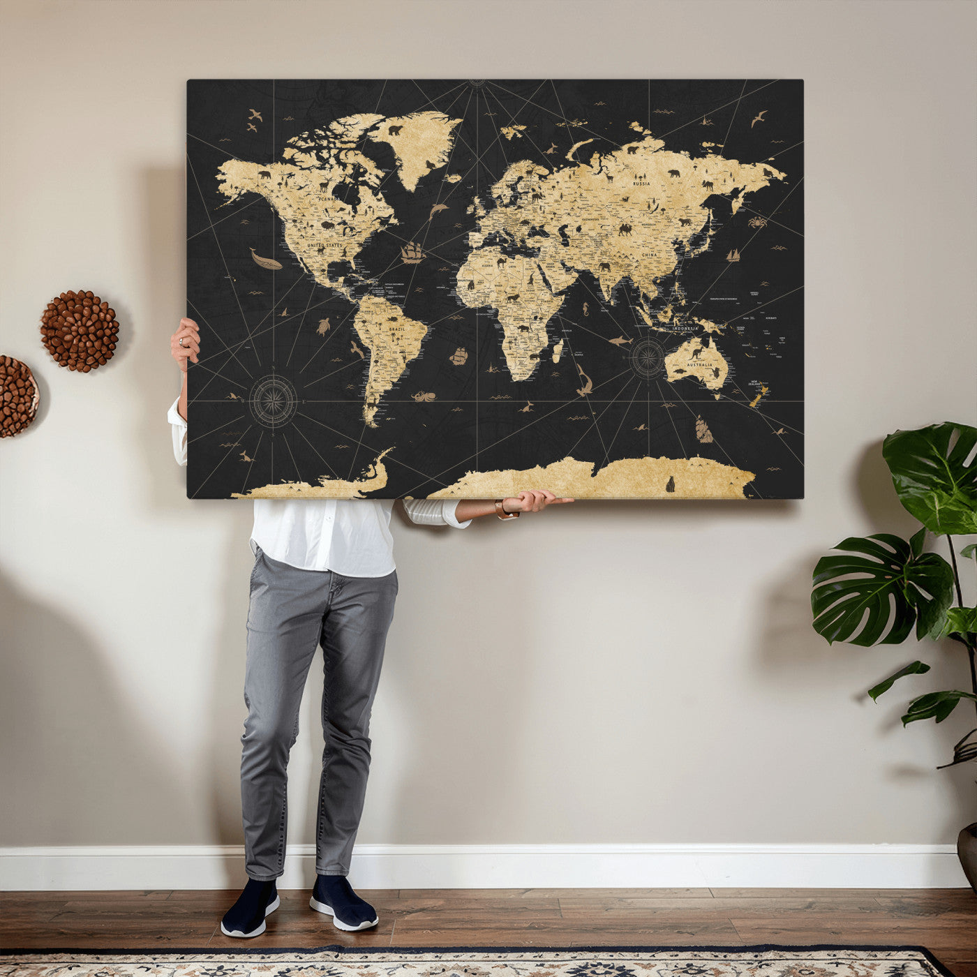 80270976-MGV-CV-36X24 - World Map Wall Art Canvas Print, Modern Decorative Framed Map Artwork Prints for Living Room, Office, Bedroom Wall Decor