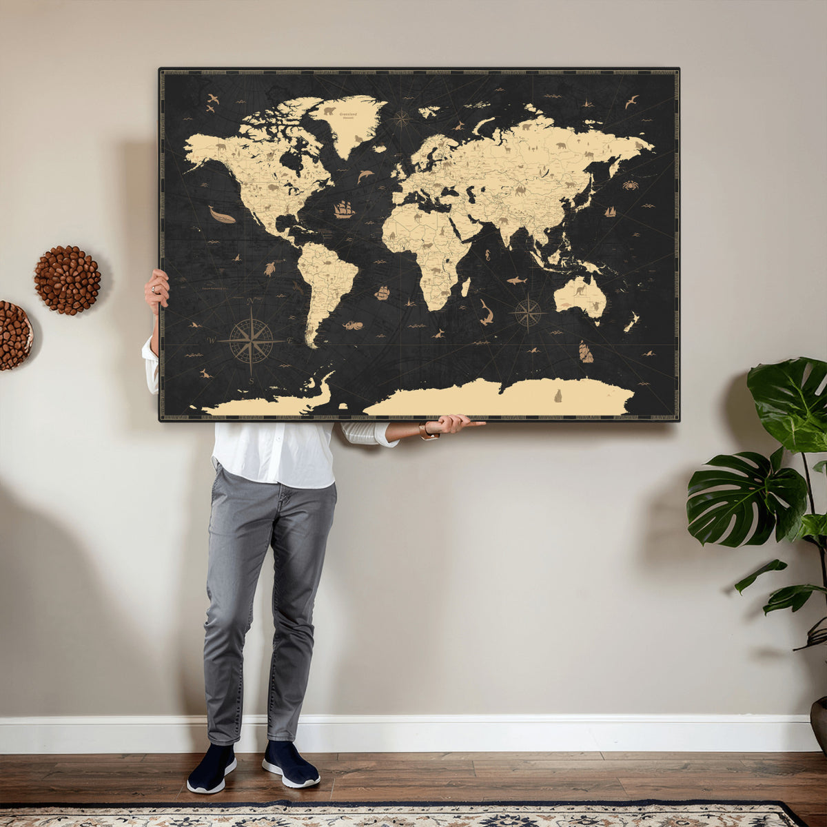 75220264-MGV-CV-36X24 - World Map Wall Art Canvas Print, Modern Decorative Framed Map Artwork Prints for Living Room, Office, Bedroom Wall Decor