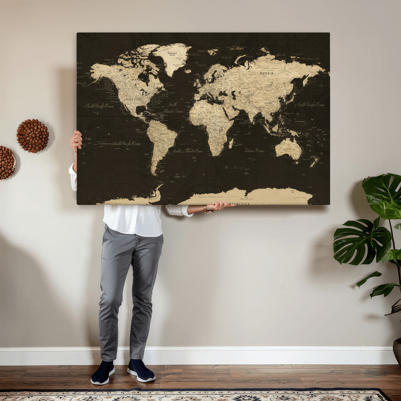 89024244-MGV-CV-36X24 - World Map Wall Art Canvas Print, Modern Decorative Framed Map Artwork Prints for Living Room, Office, Bedroom Wall Decor