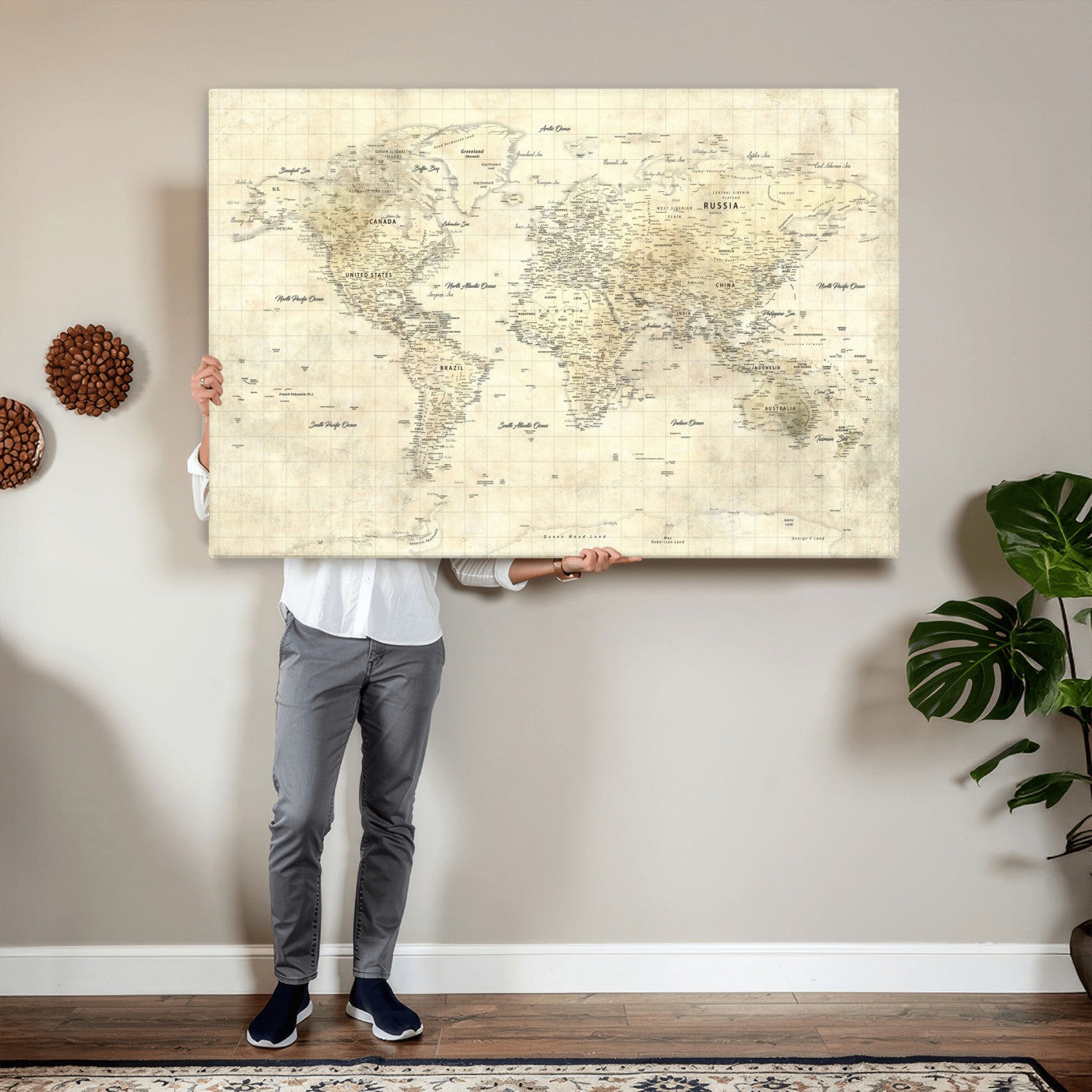 17101439-MGV-CV-36X24 - World Map Wall Art Canvas Print, Modern Decorative Framed Map Artwork Prints for Living Room, Office, Bedroom Wall Decor
