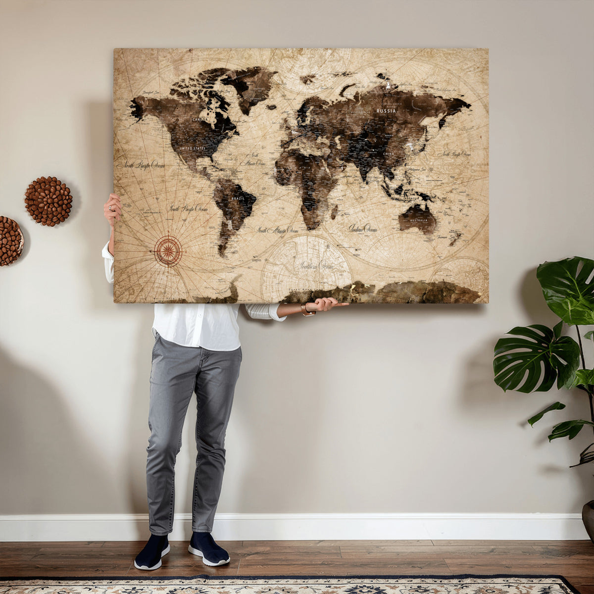 47657418-MGV-CV-36X24 - World Map Wall Art Canvas Print, Modern Decorative Framed Map Artwork Prints for Living Room, Office, Bedroom Wall Decor