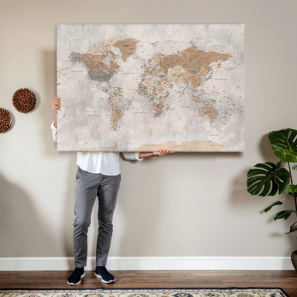 34051638-MGV-CV-36X24 - Detailed World Map Wall Art Canvas Print for Home and Office Decor