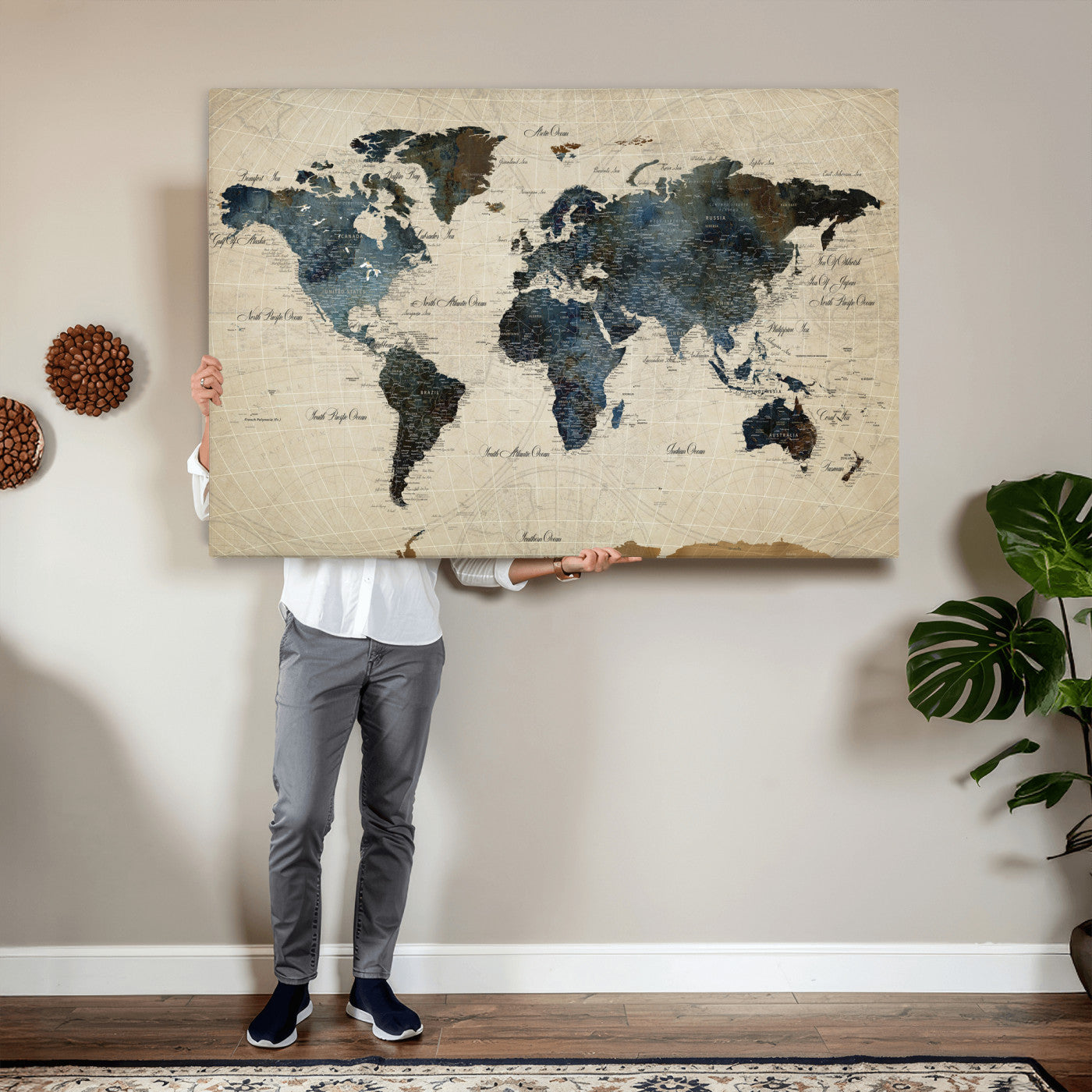 72927803-MGV-CV-36X24 - World Map Wall Art Canvas Print, Modern Decorative Framed Map Artwork Prints for Living Room, Office, Bedroom Wall Decor