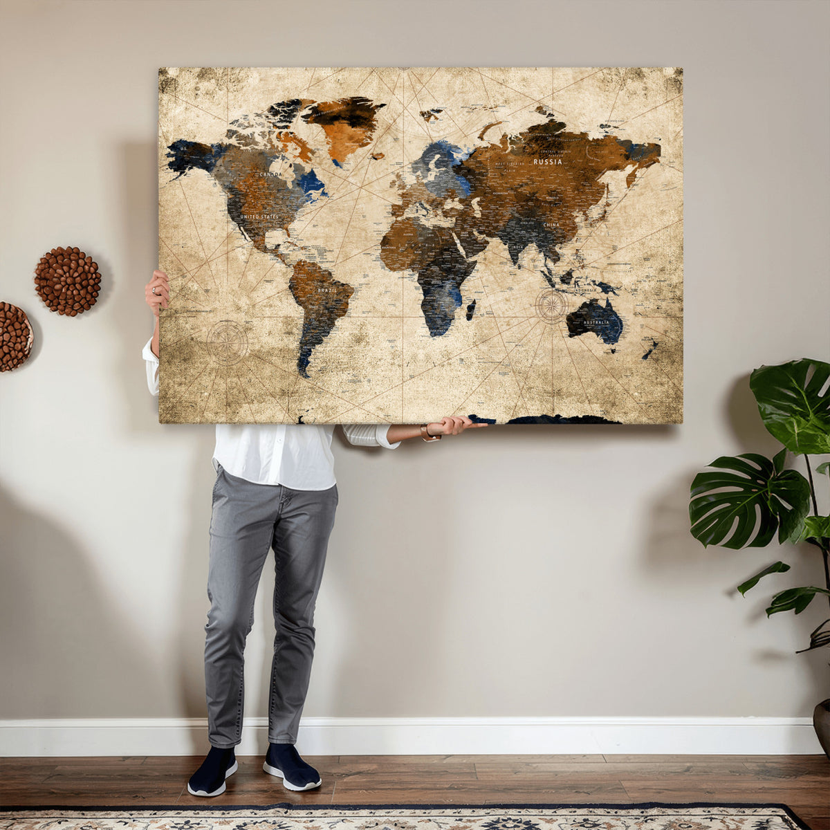 27163414-MGV-CV-36X24 - World Map Wall Art – Rustic Earth Tone Canvas Print, Antique