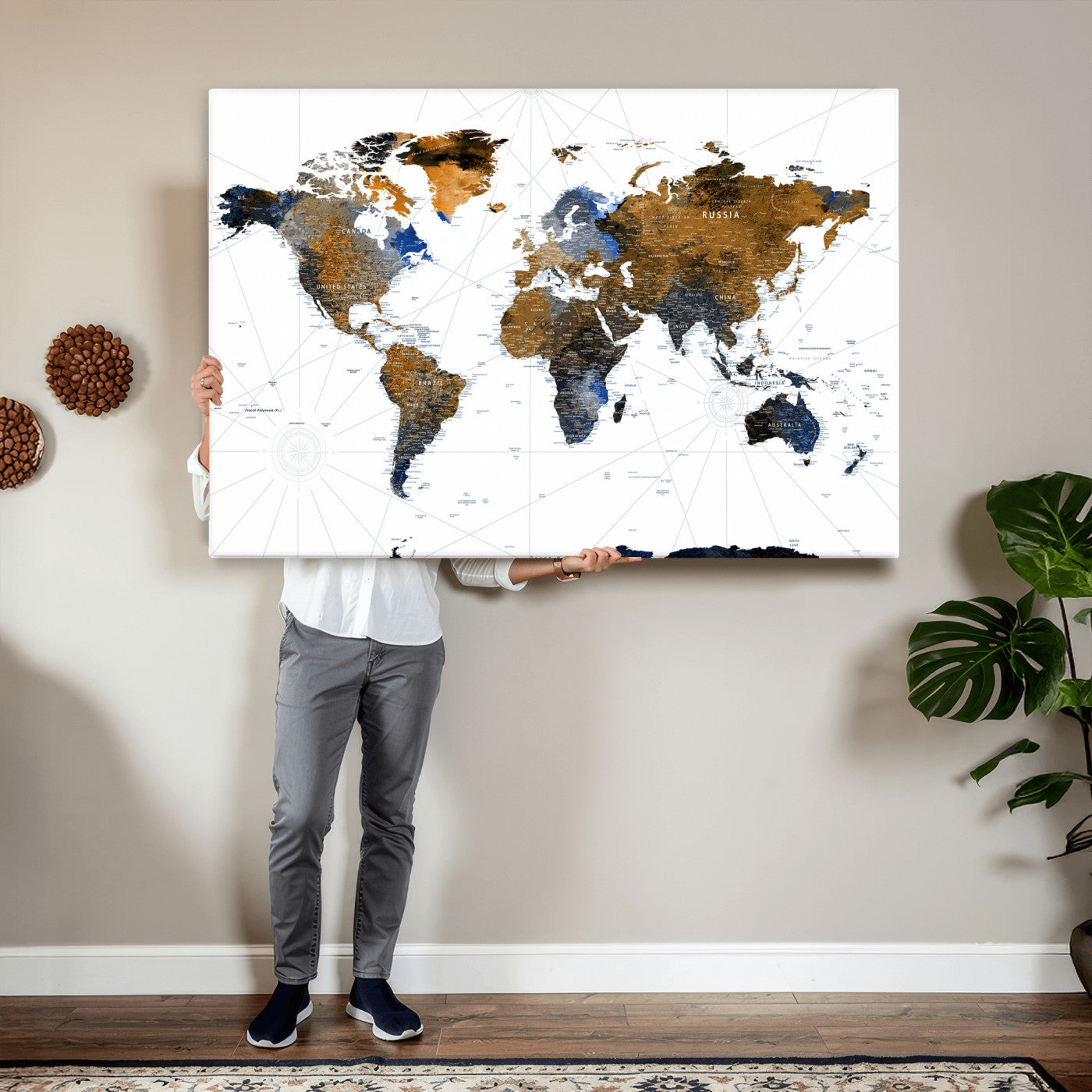 56364879-MGV-CV-36X24 - World Map Wall Art Canvas Print, Modern Decorative Framed Map Artwork Prints for Living Room, Office, Bedroom Wall Decor