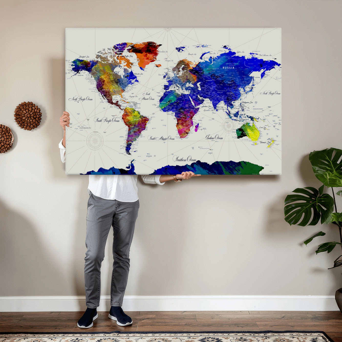 49670038-MGV-CV-36X24 - World Map Wall Art Canvas Print, Modern Decorative Framed Map Artwork Prints for Living Room, Office Decor