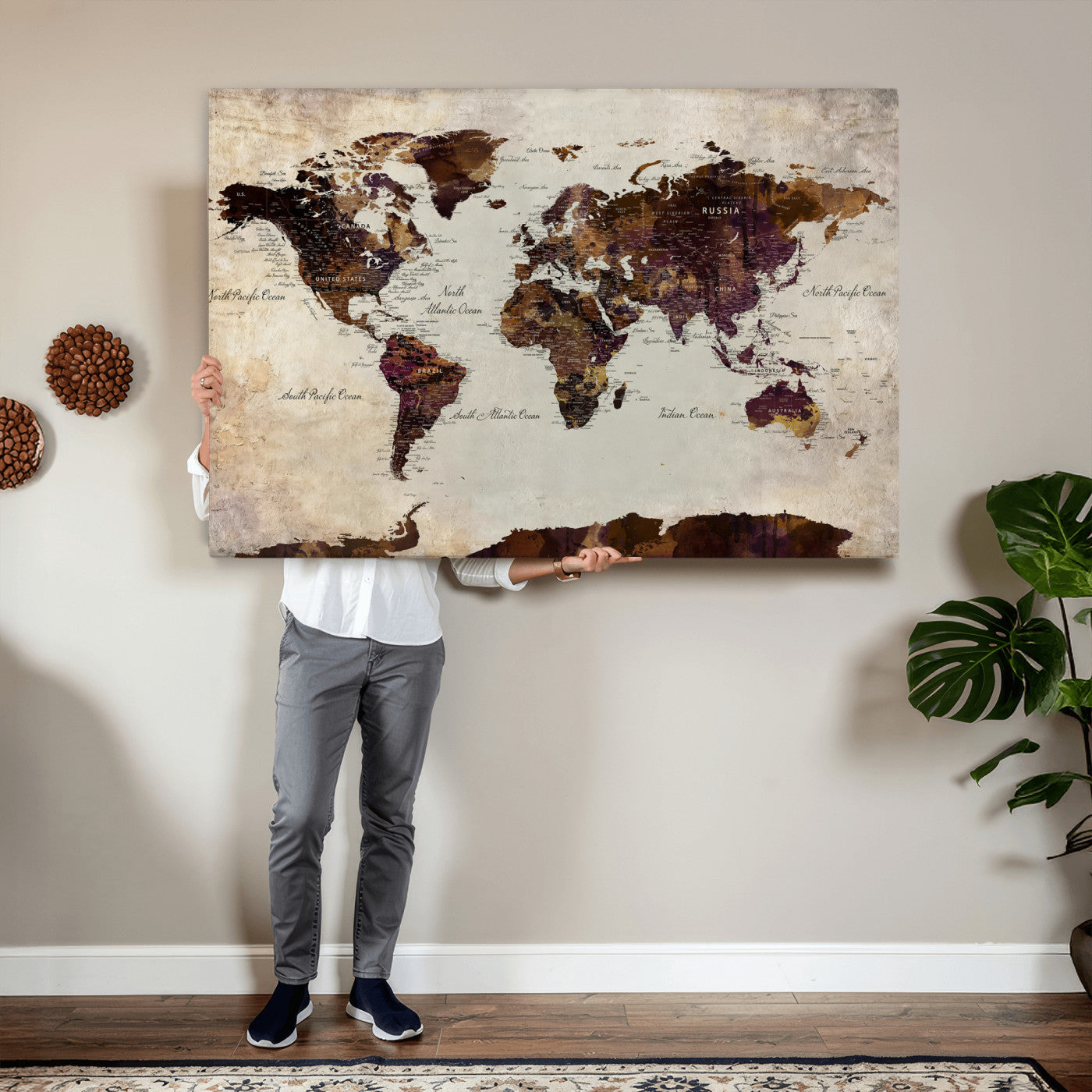 50611123-MGV-CV-36X24 - World Map Canvas Triptych – Colorful Global Wall Art for Living Rooms, Offices, and Study Spaces